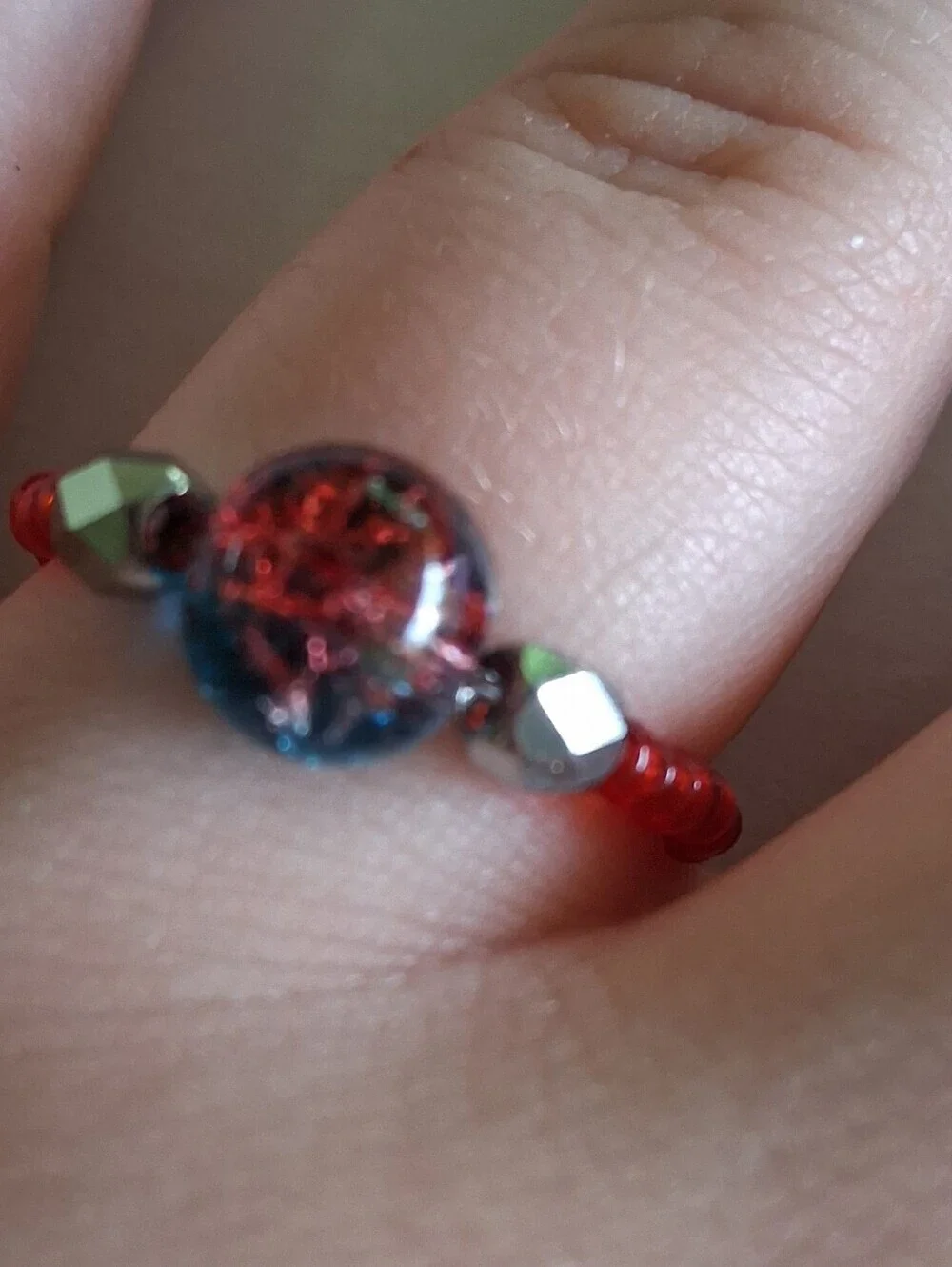 5/$25 Hand Crafted Red and Blue Glass Focal Bead Ring 7,8,9